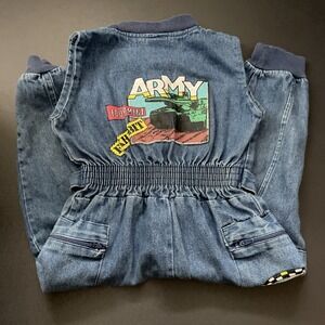 VTG 90s Kids 3T  Denim Jumper Romper Army  Tootsie  Roll Brand   Denim